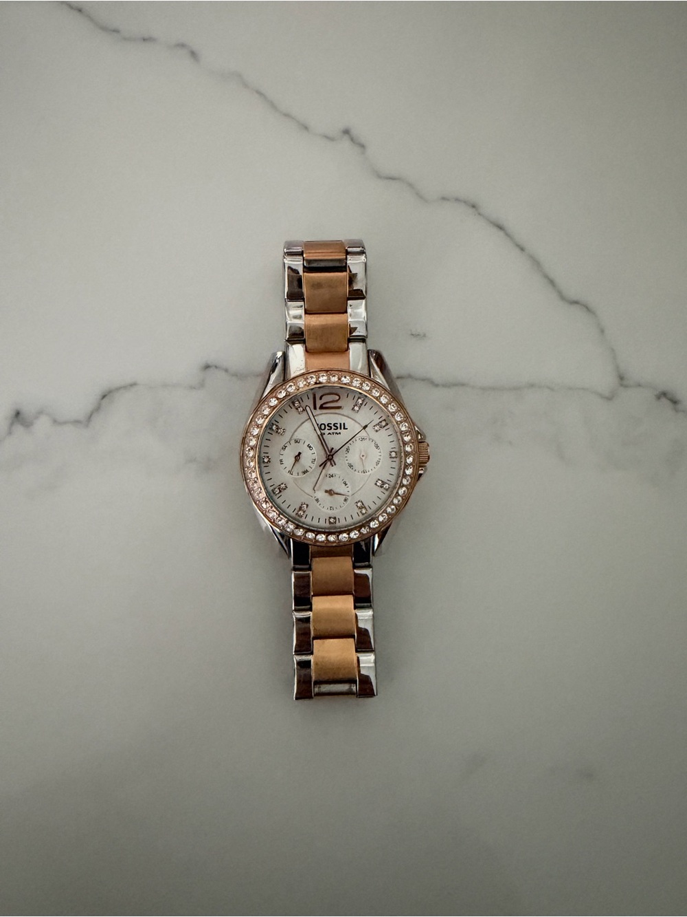 Fossil Riley ES2787 Two Tone Rose Gold Crystal Watch w Tin